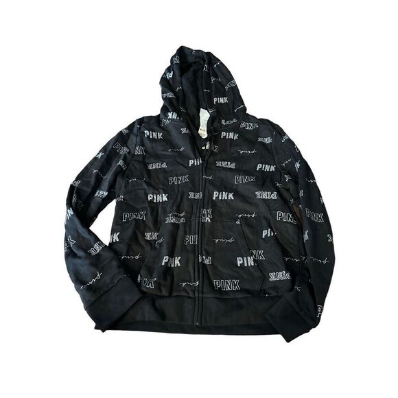 PINK Victoria's Secret Tops - Victoria's Secret Pink Black Glitter Logo Print Zip Hoodie